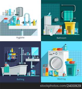 Orthogonal hygiene icons 2x2 flat concept set of hygiene bathroom washing and bathing design compositions vector illustration. Orthogonal Hygiene Icons 2x2 Design Concept