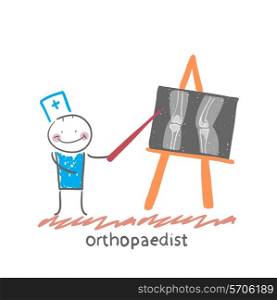 orthopaedist shows an X-ray. Fun cartoon style illustration. The situation of life.