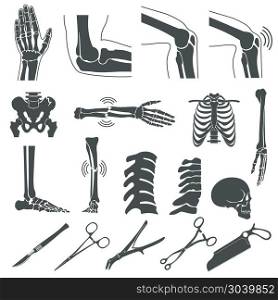 Orthopedic and spine vector black symbols. human bones icons. Orthopedic and spine vector black symbols. human bones icons. Hand and leg, skull and joint knee illustration