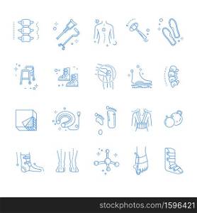 Orthopedic and trauma rehabilitation, isolated linear icons vector. Spine and crutches, scoliosis and medical hammer, orthopedical insoles and walker. Boots and knee joint, sole fixation and mattress. Injury or trauma rehabilitation and orthopedics isolated linear icons