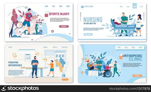Orthopedic and Traumatological Department Services for Adult and Little Patients with Impaired Musculoskeletal System Functioning, Sports Injuries, Disability. Landing Page Set. Vector Illustration. Orthopedic Traumatological Department Service Set