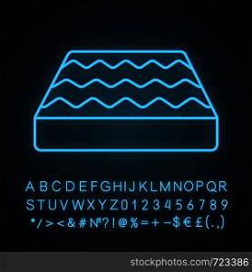 Orthopedic bed mattress neon light icon. Memory foam, latex, innerspring mattress. Bedding. Glowing sign with alphabet, numbers and symbols. Vector isolated illustration. Orthopedic bed mattress neon light icon