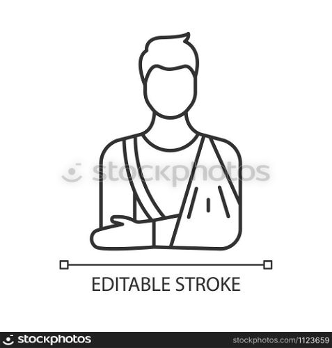 Orthopedic cast linear icon. Fractured bone. Male patient with broken arm. Injury treatment. Accident help. Thin line illustration. Contour symbol. Vector isolated outline drawing. Editable stroke
