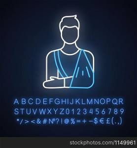 Orthopedic cast neon light icon. Fractured bone. Broken arm. Medical procedure. Injury treatment. Trauma aid. Glowing sign with alphabet, numbers and symbols. Vector isolated illustration