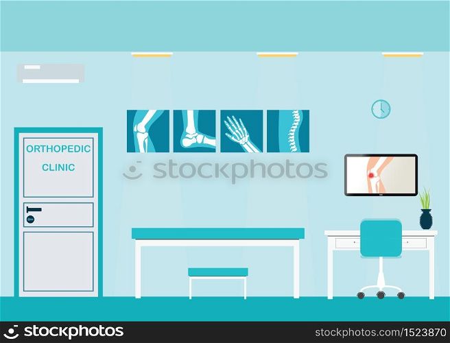 Orthopedic clinics and diagnostic centers with the skeletal spinal bone structure of Human Spine and hospital bed ,medical health care anatomy vector illustration.