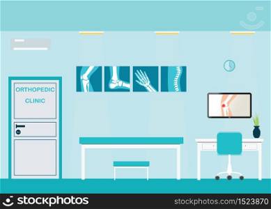 Orthopedic clinics and diagnostic centers with the skeletal spinal bone structure of Human Spine and hospital bed ,medical health care anatomy vector illustration.