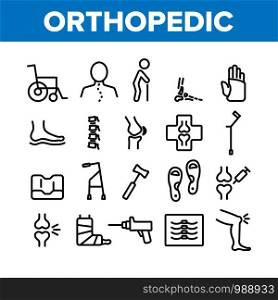 Orthopedic Collection Elements Vector Icons Set Thin Line. Orthopedic And Trauma Rehabilitation, Cervical Collar And Walkers Concept Linear Pictograms. Medical Rehab Monochrome Contour Illustrations. Orthopedic Collection Elements Vector Icons Set