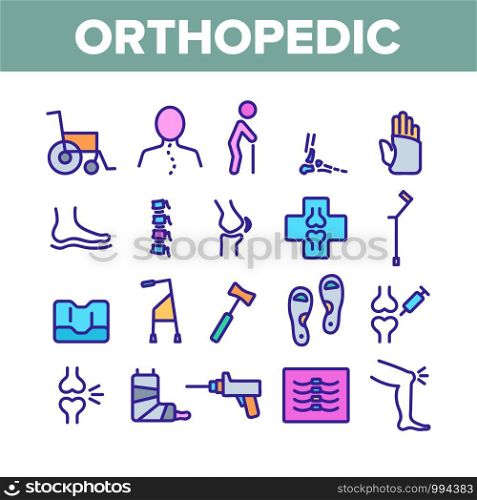 Orthopedic Collection Elements Vector Icons Set Thin Line. Orthopedic And Trauma Rehabilitation, Cervical Collar And Walkers Concept Linear Pictograms. Medical Rehab Color Contour Illustrations. Orthopedic Color Elements Vector Icons Set