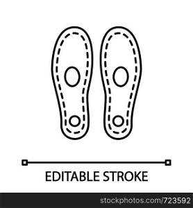 Orthopedic insoles linear icon. Arch support. Thin line illustration. Orthotic insoles. Shoe pads. Flat foot treatment. Contour symbol. Vector isolated outline drawing. Editable stroke. Orthopedic insoles linear icon