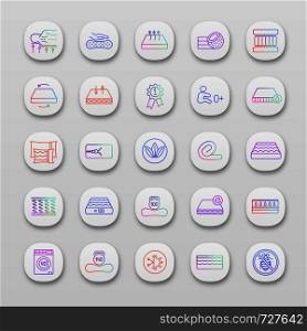 Orthopedic mattress app icons set. UI/UX user interface. Latex, innerspring and memory foam mattresses. Breathable, ecological, anatomic, waterproof bedding, antiallergic. Vector isolated illustration. Orthopedic mattress app icons set