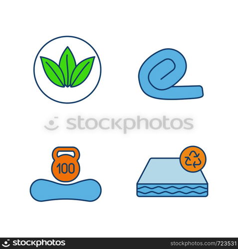 Orthopedic mattress color icons set. Ecological, recyclable and reusable property, weight limit, springless roll up mattress. Isolated vector illustrations. Orthopedic mattress color icons set