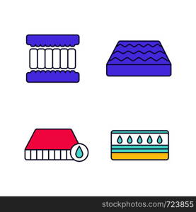 Orthopedic mattress color icons set. Waterproof, water mattress, memory foam filler. Isolated vector illustrations. Orthopedic mattress color icons set
