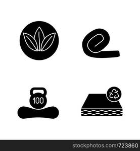 Orthopedic mattress glyph icons set. Ecological, recyclable and reusable property, weight limit, springless roll up mattress. Silhouette symbols. Vector isolated illustration. Orthopedic mattress glyph icons set