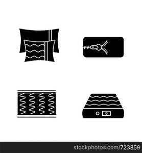 Orthopedic mattress glyph icons set. Pillows, removable cover, spring and air mattresses. Silhouette symbols. Vector isolated illustration. Orthopedic mattress glyph icons set