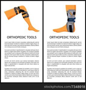 Orthopedic tools items set for knee and foot support, banners with text s&le titles, construction to adjust human body parts vector illustration. Orthopedic Tools Set and Text Vector Illustration
