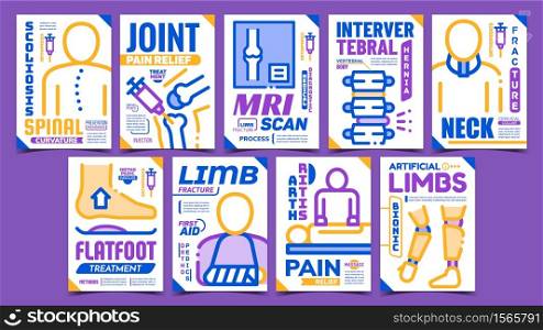 Orthopedic Treatment Promo Posters Set Vector. Limb And Neck Fracture, Intervertebral Hernia And Spinal Curvature, Arthritis And Joint Pain Relief Collection Banners. Concept Layout Color Illustration. Orthopedic Treatment Promo Posters Set Vector