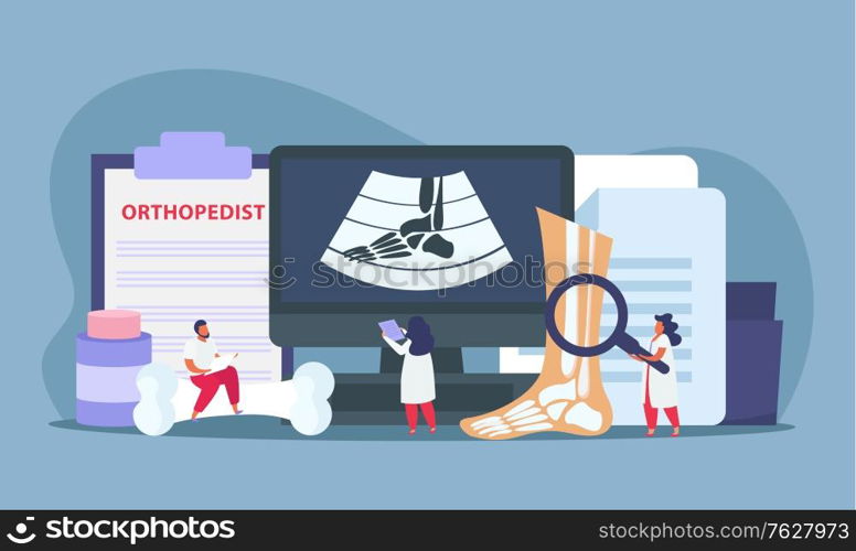 Orthopedics clinic concept with fracture treatment symbols flat vector illustration