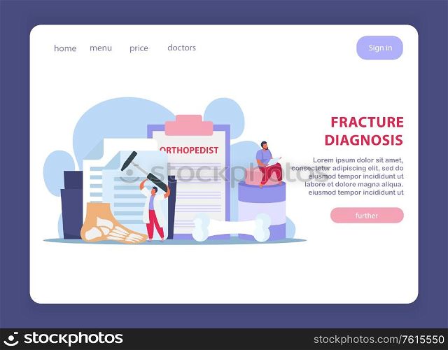 Orthopedics clinic page design with fracture treatment symbols flat vector illustration
