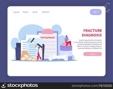 Orthopedics clinic page design with fracture treatment symbols flat vector illustration