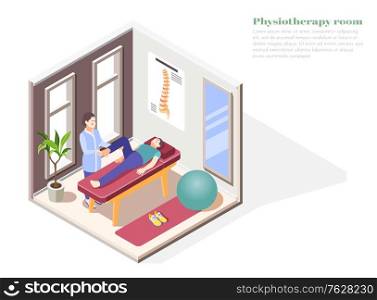 Orthopedics hospital concept with physiotherapy room symbols isometric vector illustration