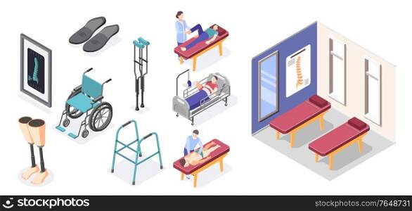 Orthopedics hospital set with equipment and injury treatment symbols isometric isolated vector illustration