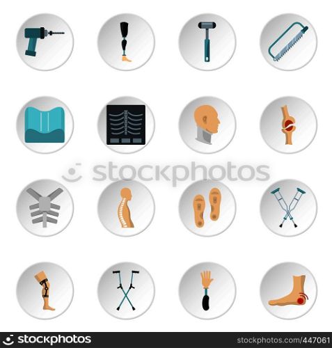 Orthopedics prosthetics icons set in flat style isolated vector icons set illustration. Orthopedics prosthetics icons set in flat style