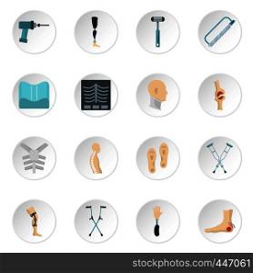 Orthopedics prosthetics icons set in flat style isolated vector icons set illustration. Orthopedics prosthetics icons set in flat style