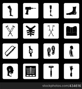 Orthopedics prosthetics icons set in white squares on black background simple style vector illustration. Orthopedics prosthetics icons set squares vector