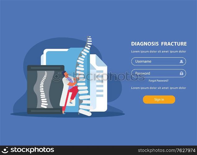 Orthopedics website with fracture diagnosis and treatment symbols flat vector illustration
