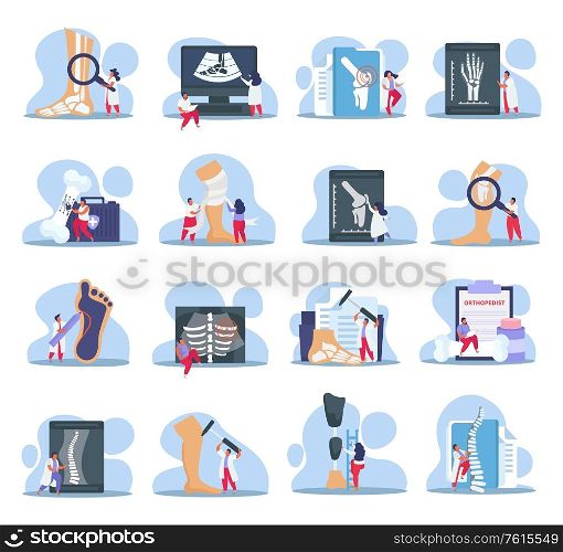 Orthopedist icons set with fracture treatment symbols flat isolated vector illustration