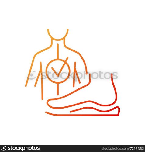 Orthotics gradient linear vector icon. Foot orthoses. Foot pad. Scoliosis prevention. Posture problems correction. Thin line color symbol. Modern style pictogram. Vector isolated outline drawing. Orthotics gradient linear vector icon