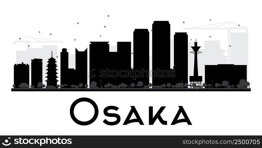 Osaka City skyline black and white silhouette. Vector illustration. Simple flat concept for tourism presentation, banner, placard or web site. Business travel concept. Cityscape with landmarks