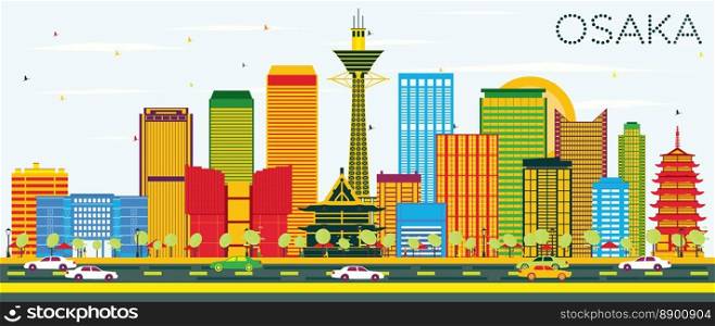 Osaka Skyline with Color Buildings and Blue Sky. Vector Illustration. Business Travel and Tourism Concept with Modern Architecture. Image for Presentation Banner Placard and Web Site.