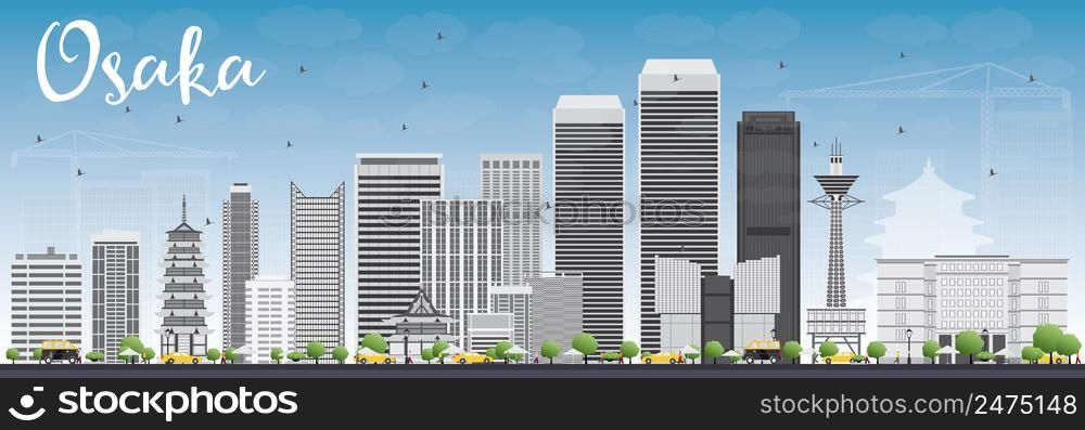 Osaka Skyline with Gray Buildings and Blue Sky. Vector Illustration. Business and Tourism Concept with Modern Buildings. Image for Presentation, Banner, Placard or Web Site.