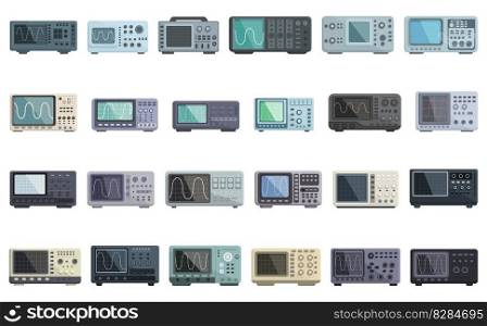 Oscillograph icons set cartoon vector. Circuit spectrum. Digital wave. Oscillograph icons set cartoon vector. Circuit spectrum