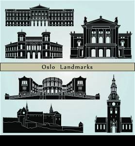 Oslo landmarks and monuments isolated on blue background in editable vector file