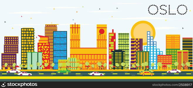 Oslo Skyline with Color Buildings and Blue Sky. Vector Illustration. Business Travel and Tourism Concept with Modern Architecture. Image for Presentation Banner Placard and Web Site.