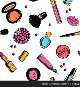 ?osmetics background with copy space for text. Hand drawn seamless pattern