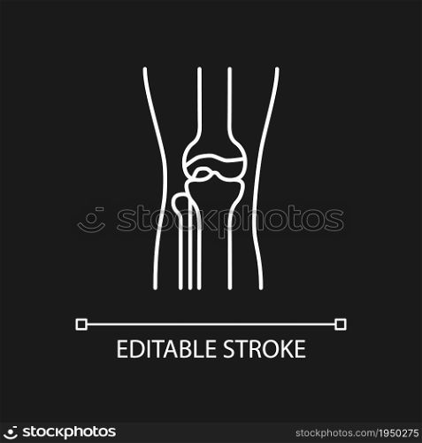 Osteoarthritis white linear icon for dark theme. Cartilage inflammation. Degenerative joint disease. Thin line customizable illustration. Isolated vector contour symbol for night mode. Editable stroke. Osteoarthritis white linear icon for dark theme
