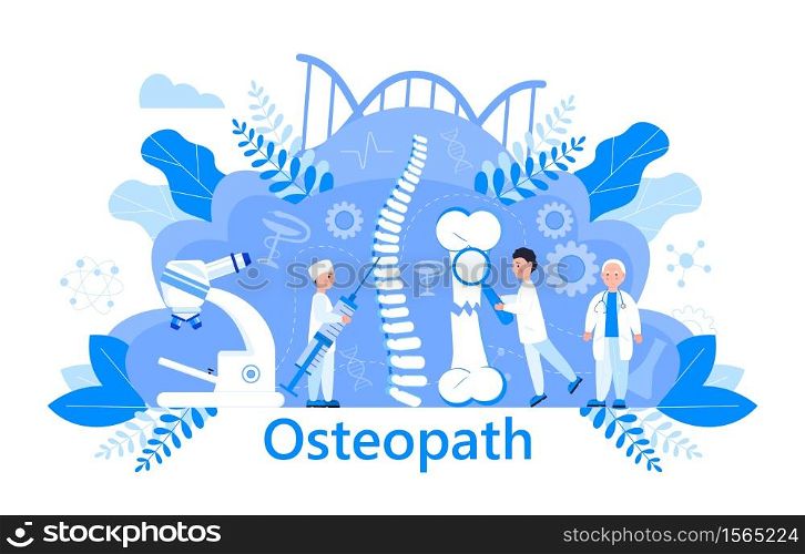 Osteopath vector concept. Osteoporosis world day,. Tiny doctors research osteoarthritis anatomical bones of human. Joint pain, fragility of lower leg are shown. It is for landing page, app, banner.. Osteopath vector concept. Osteoporosis world day,. Tiny doctors research osteoarthritis anatomical bones of human. Joint pain, fragility of lower leg are shown. It is for landing page, app