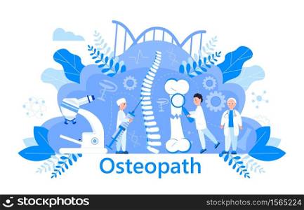 Osteopath vector concept. Osteoporosis world day,. Tiny doctors research osteoarthritis anatomical bones of human. Joint pain, fragility of lower leg are shown. It is for landing page, app, banner.. Osteopath vector concept. Osteoporosis world day,. Tiny doctors research osteoarthritis anatomical bones of human. Joint pain, fragility of lower leg are shown. It is for landing page, app