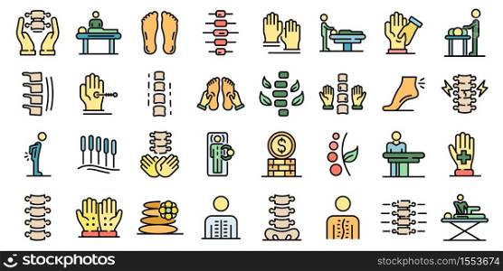 Osteopathy icons set. Outline set of osteopathy vector icons thin line color flat on white. Osteopathy icons set vector flat