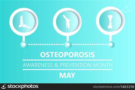 Osteoporosis awareness and prevention month is celebrated in May in USA. Knee, broken bone, foot icons are shown. Osteoporosis concept, osteoarthritis anatomical vector.. Osteoporosis awareness and prevention month is celebrated in May in USA. Knee, broken bone, foot icons are shown. Osteoporosis concept, osteoarthritis vector.