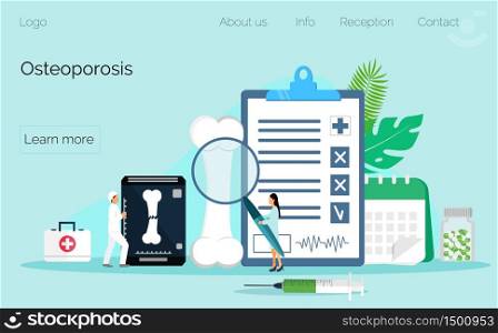 Osteoporosis world day concept, osteoarthritis anatomical vector. Tiny doctors research bones of human. Joint pain, fragility of lower leg are shown. It is for landing page, app, banner.. Osteoporosis world day concept, osteoarthritis anatomical vector. Tiny doctors research bones of human. Joint pain