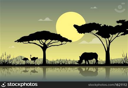 Ostrich Rhino Oasis Animal Savanna Landscape Africa Wildlife Illustration