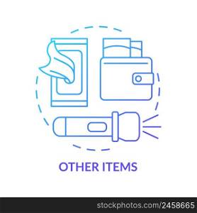 Other items to survive during war blue gradient concept icon. Civilians safety. Escape preparation abstract idea thin line illustration. Isolated outline drawing. Myriad Pro-Bold font used. Other items to survive during war blue gradient concept icon