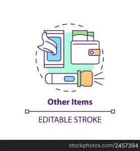 Other items to survive during war concept icon. Civilians safety. Escape preparation abstract idea thin line illustration. Isolated outline drawing. Editable stroke. Arial, Myriad Pro-Bold fonts used. Other items to survive during war concept icon