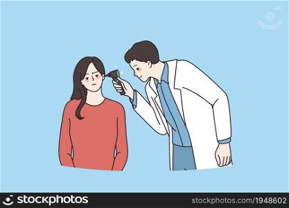 Otolaryngologist check woman patient ear with special equipment. Audiologist doctor examine check girl hearing in hospital or clinic. Medicine, healthcare concept. Flat vector illustration.. Otolaryngologist doctor check patient tears in clinic