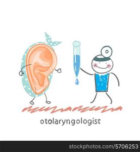 otolaryngologist gives a patient ear drops. Fun cartoon style illustration. The situation of life.