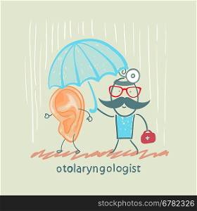 otolaryngologist holding an umbrella over the patient